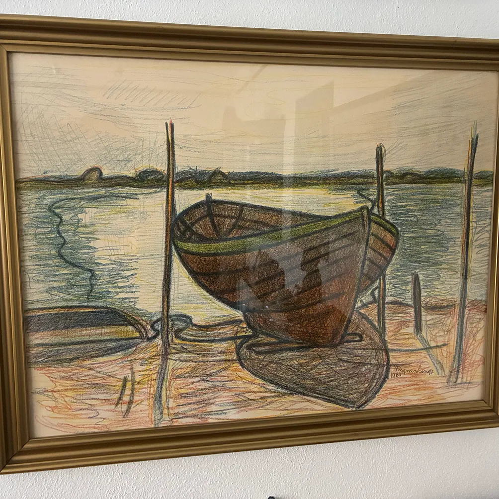 Båd ved Lillestranden, Kerteminde. Litografi af Regnar Lange