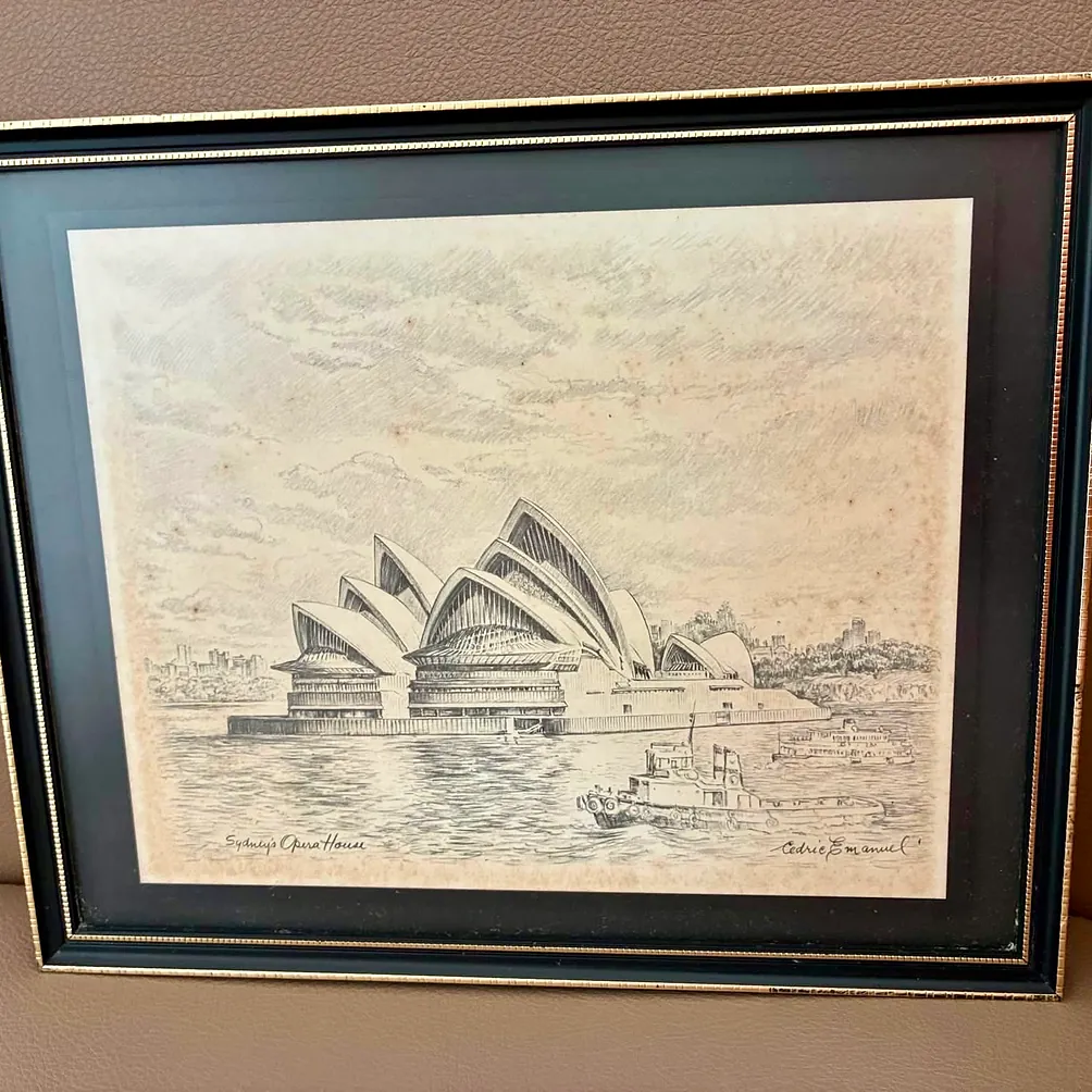 Tegning af Utzons opera i Sidney af den australske kunstner Cedric Emanuel 1906-1995.