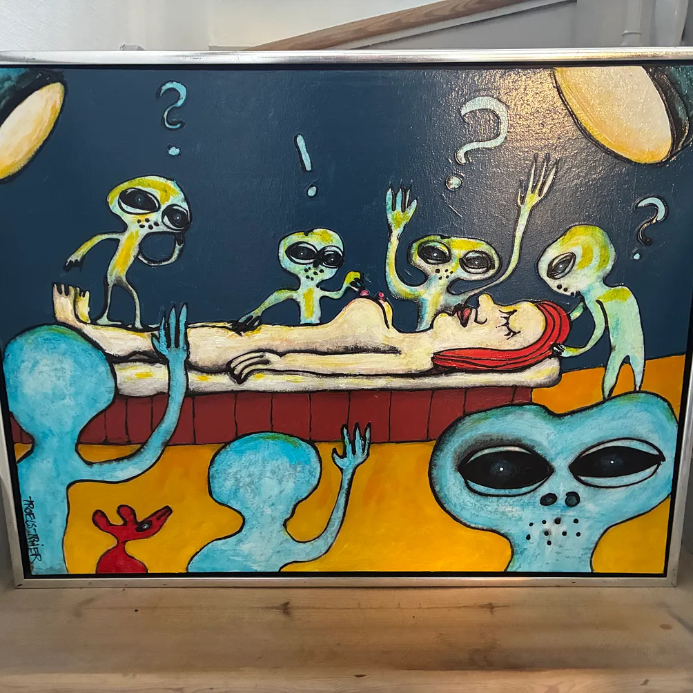 Troels Trier - Oliemaleri: "Snehvide og de syv små aliens. Mål. 65,5 x 83,5 cm.