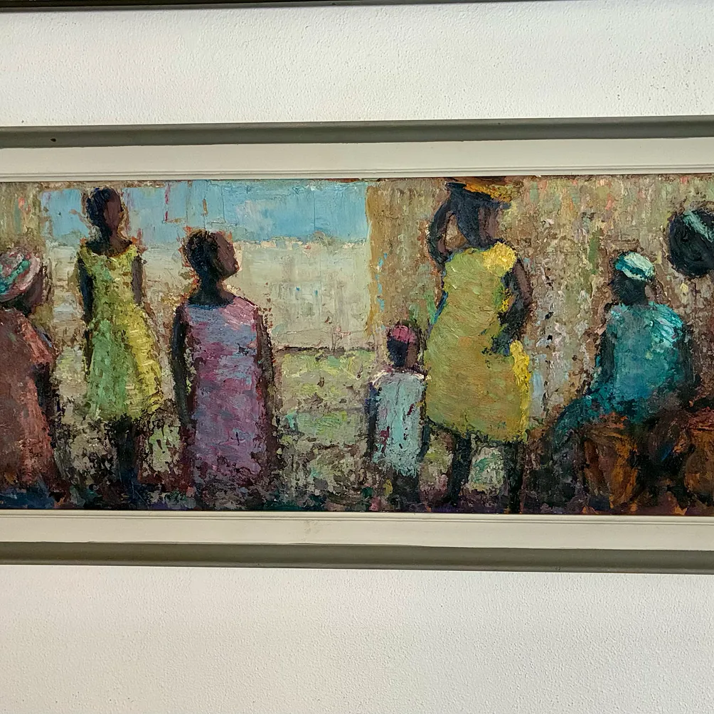 Oliemaleri sign. P. Larsen Birkebjerg "Kvinder i Medun" - 97 x 39,5 cm